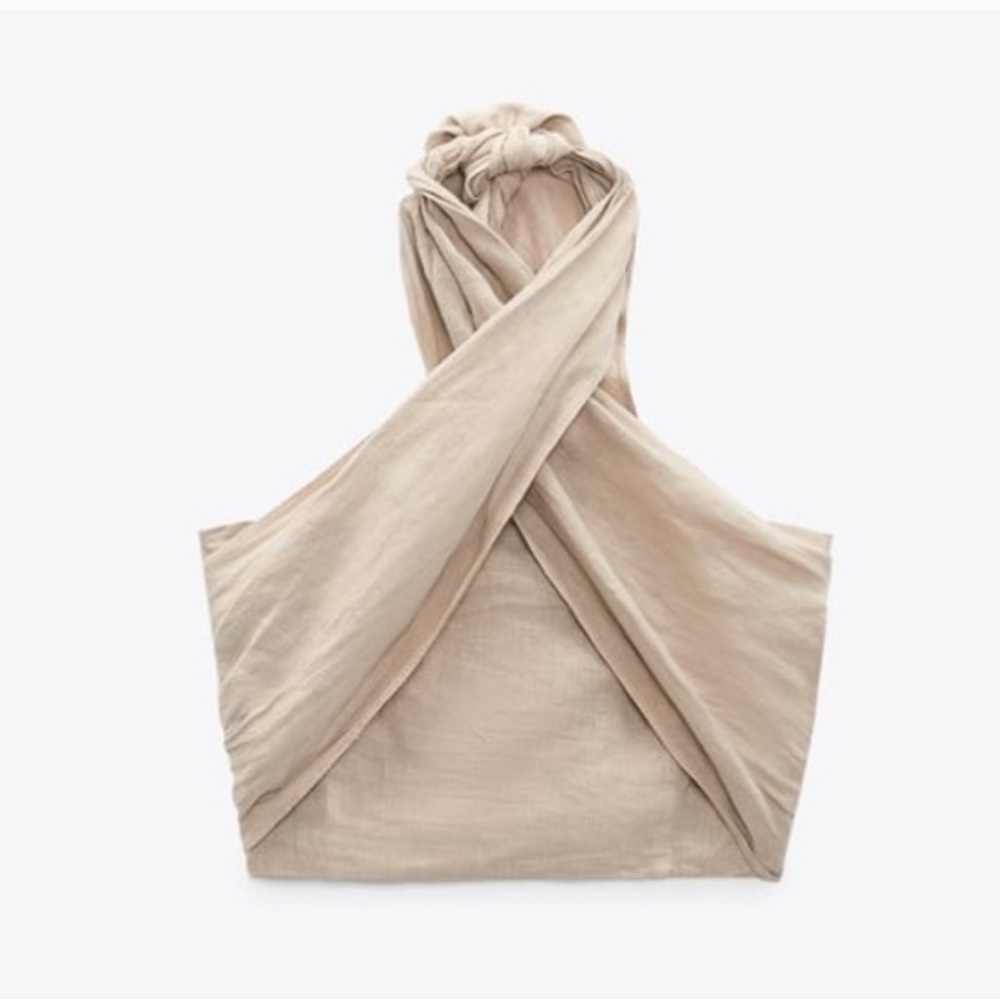Zara Linen Beige/Tan/Sand Halter Crop Top, XS
